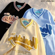 JUST FEEL!NG 자수 레터링 브이넥 맨투맨 여성 루즈핏 학생 커플티 커플 시밀러룩 상의 스트리트 긴팔티셔츠