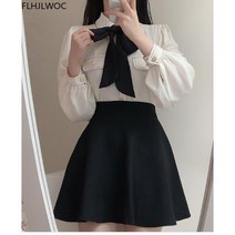 코발트 블루 셔츠 파란색 블라우스 남방 난방 귀여운 나비 넥타이 프릴 용 빈티지 일본 스타일 버튼 정장 화이트 퍼플