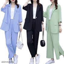 JUST FEEL!NG 루즈핏 정장 점퍼+와이드 팬츠 투피스 직장 여성의류 오피스룩 빅사이즈 100kg까지