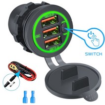 68W 듀얼 QC 3.0 USB 및 PD c형 트리플 소켓 차량용 충전기 12-24V 보트 마린 RV 방수 터치 스위치 포함, 11 QC3.0 Green Withwire