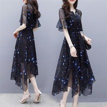 WZC 여름 여성 롱원피스 스타 러플 나팔소매 허리밴딩 반팔 샤랄라 치마 빅사이즈 S~4XL