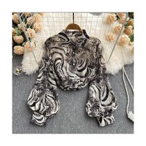 화이트 블랙 셔츠 레이스 오프숄더 블라우스 Neploe레트로 홍콩 프린트 용 봄가을 루즈한 라펠 랜턴 슬리브 쉬폰