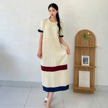 퍼니걸스 7137 라운드 배색 주름 니트 롱 원피스 여성의류