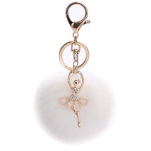 모피 퍼 플러시 폼 폼 폼 볼 키 체인 리네 스톤 크리스탈 발레 댄서 펜던트 펜던트 가방 보석 키 링을위한 반짝이