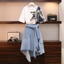 큰 여자의 복장 100kg 뚱뚱한 여동생 여름 한 벌 나이 감소 인쇄 된 t셔츠 데님 치마 2 조각 세트