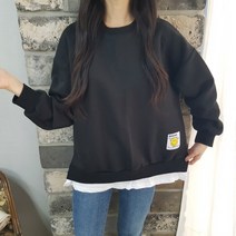 상상그이상 여성용 국내제작 레이어드 패치 맨투맨 티셔츠 스마일 프린팅 부드러운 가볍고 따뜻한 기모안감 루즈핏 레깅스코디 군살커버 사랑스런 파스텔컬러 언발기장 데일리룩