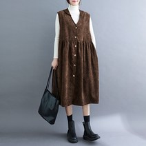 도오빠 가쉬렌 여성 롱 원피스 코듀로이 뷔스티에 브이넥 민소매 봄 드레스 골덴 플레어 빅사이즈 여자원피스