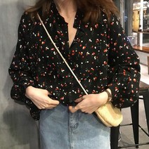 꽃무늬 셔링 초커 쉬폰 카라 플레어 꽃프린팅 라운드넥 가을 자켓형 오버핏 하객 가을여성 면접 브이넥프릴 루즈핏 기본 스커트 정장 여성긴팔 여성체크 주름 벌룬소매 코디 블라우스
