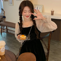 kirahosi 키라호시 달달한 기품감이 럭셔리 벨벳 스몰스커트녀 패치워크 숏셔링 기계 원피스치마 77DH7292