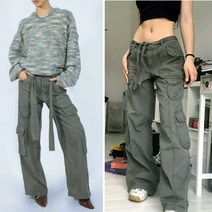 스트릿 카고 팬츠 / 카키 건빵 와이드통 포켓 허리끈