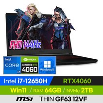 [사은품 증정!] MSI THIN GF63 12VF i7 가성비 고사양 롤 오버워치 배그 발로란트 로아 에이펙스 15인치 게이밍 노트북 (코어i7-12650H/RTX4060), 블랙, 코어i7, 2TB, 64GB, 윈도우 포함