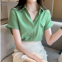 WZC 여성 무지 반팔 셔츠 남방 롤업 슬림핏 빅사이즈 블라우스 상의 베이직 심플 봄 여름
