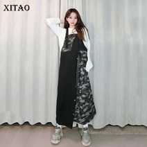 XITAO 패치 불규칙 프린트 멜빵 원피스 스트랩 여성 겨울 비대칭 개성 패션 DZL2317