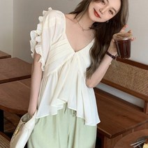 퐁순싸롱 쉬폰 프릴소매 셔링 캉캉 레이스 언발 흰 블라우스 YJ