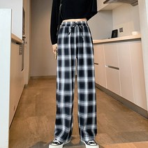 ANYOU 여성 캐주얼 체크 팬츠 슬랙스 밴딩 바지 여자 와이드팬츠