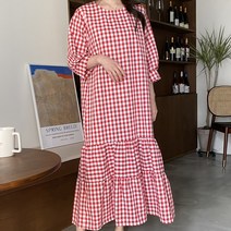 퍼니걸스 6203 루즈핏 라운드 체크 캉캉 플레어 롱 원피스 여성의류