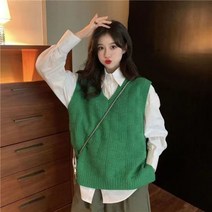 빅카라원피스 미니 여름 원피스 스웨터 조끼 여성 복고풍 루즈핏 패션 새로운 미니멀리스트 순수한 디자인 올 매치 봄 스웨터 프레피 스타일 학생 얼짱 캐주얼