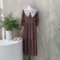 행복여[신상무배]모티브 레이스 카라 스퀘어 나염 롱 원피스