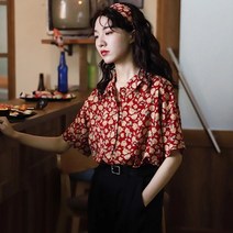 레트로 홍콩스타일 잔꽃 루즈핏 꽃무늬블라우스 상의 반팔 박시한 여성스러운 세미정장 패턴