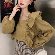 여성용 프릴 스퀘어넥 긴팔 블라우스 하늘비즈 A31 Q842V002