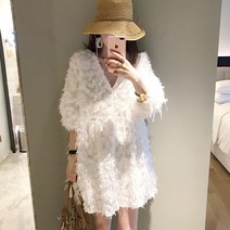 테슬원피스 화이트 깃털 초 가을옷 와이드 루즈핏 브이넥 빅사이즈 긴 소매 여성 겨울 877475398