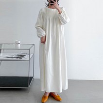 이지인이지 플레인 긴팔 롱원피스 넥 셔링포인트 여성 맥시 플레어원피스