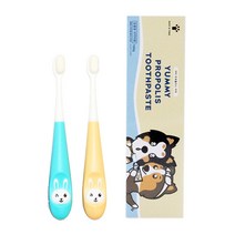 킁킁펫 강아지 미세모 칫솔 2개입 야미프로폴리스 치약 세트, 토끼칫솔 노랑블루 2개입 & 치약