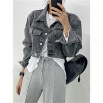 봄 코튼 크롭 숏 데님 포켓 캐주얼 카라 자켓 Syiwidii Denim Jacket for Women Loose Single Breasted Turn Down Collar Lon