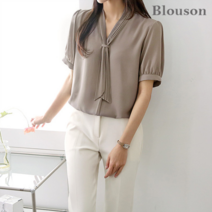 블루종 주름 스카프 반팔 블라우스_B2304BL085B