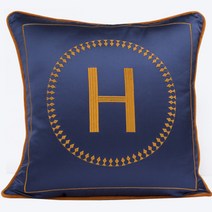 북유럽 수입 명품 인테리어 쇼파 쿠션 말 그림 H로고 오렌지 골드 프렌치 벨벳 가죽, 코어 포함 60X60cm, H006 블루 자수 H, I