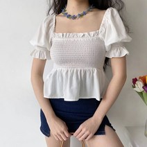 Go Girl 반팔 셔츠 프릴 슬리브 탑 걸 프렌치 여성용 플리츠 풀오버 스퀘