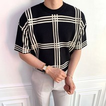 도보크 남자 여름 모던 체크 라운드 반팔 니트