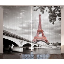에어커튼 파리 커튼 에펠 탑 다리 수도 클라우드 스케이프 흑백 스타일 그림 인쇄 거실 침실 창 커튼, 1개 w135 x h60 cm, 그로망(반지) 탑