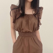신도시룩 점프수트 여성용 레트로 스퀘어넥 스티칭 러플 플라잉 슬리브 슬림 웨이스트 와이드 레그 바지 여름