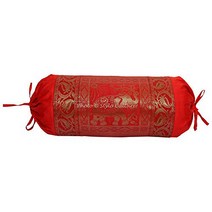 Stylo Culture Ethnic Polydupion Cylindrical Tubular Bolster Pillow Cover Red Jacquard Brocade Border, 1, Red & Gold