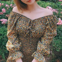 오프숄더 스모크 밴딩 셔링 플라워 미니 원피스 레드 옐로우