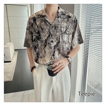 티피/Teepie 여름 냉장고 반팔 빈티지 크랙 프린트 셔츠 남자 트렌드 루즈핏 반팔 셔츠