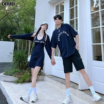 DFMEI 커플룩 여름 반팔 봄 여름 홀터넥 원피스 반팔 레터링 티셔츠 남