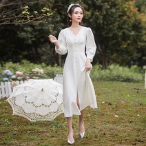 셀프 웨딩 드레스 신부 예복 앞 트임 긴팔 원피스