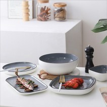 홈앤씨 세련된 그릇 접시 밥공기 세트, 직사각접시, 그레이
