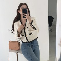 [레티고] 여성 브이넥 프렌치 배색 라인 트위드 자켓