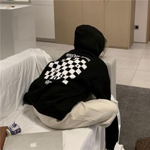 체크 체스 모양 겨울 여성 후드 티 맨투맨 기모 오버핏 루즈핏 박스티 요즘 유행 커플 빅사이즈