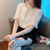 화이트 셔츠 누에실 블라우스 반팔 여름 플레어 소매 셔츠 레이스 상의 여