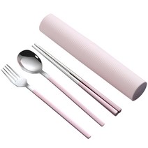 Cooela 한식 스텐 포크 숟가락 + 수저 + 수납함 세트 휴대용, 핑크색