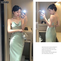 DFMEI 고급스러운 새틴 카라 원피스 여 스윗매시 허리 조임 날씬해 보이는 나시 스커트