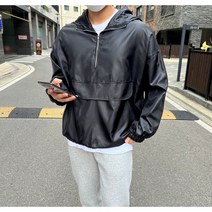 AIR SILK 오버핏 남녀공용 후드 스트링 반집업 아노락 맨투맨