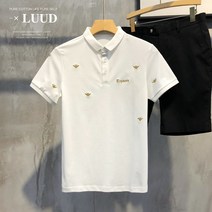 남자흰색반팔티 LUUD 스타일리쉬 금실 자수 어린꿀벌 카라셔츠 남성 슬림 카라넥 t셔츠 면 캐주얼상의 2259961481
