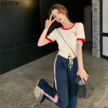vsyoy 캐주얼 반팔 스포츠 정장 여자 여름 2023 새로운 틈새 유행 세련된 연령 감소 와이드 레그 바지 투피스 세트