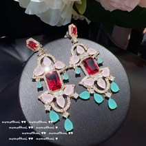 금도금 보르도 루비 인조 보석 금붕어 귀걸이 앤티크 도금 18K 금도금 그린큐빅 꽃가마 태슬 귀걸이