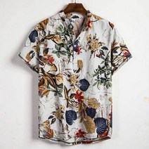 하와이안셔츠 남자 여름 비치 하와이 꽃 무늬 린넨 남방 셔츠 mens floral print short sleeve shirt brand henley neck hawaiian